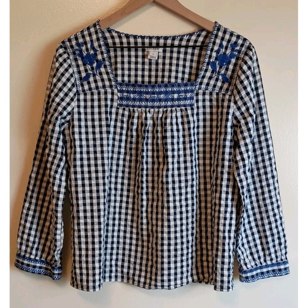 J.Crew Navy White Gingham Embroidered Square Neck Boho Cottage Blouse M